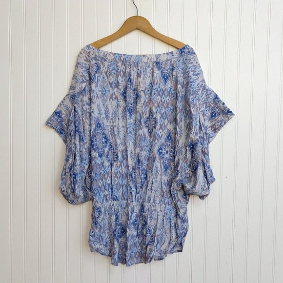 Women's Boho Ikat Print Tunic Top Size XXL 2XL Blue Short Sleeve Kindom Viscose - Picture 8 of 10